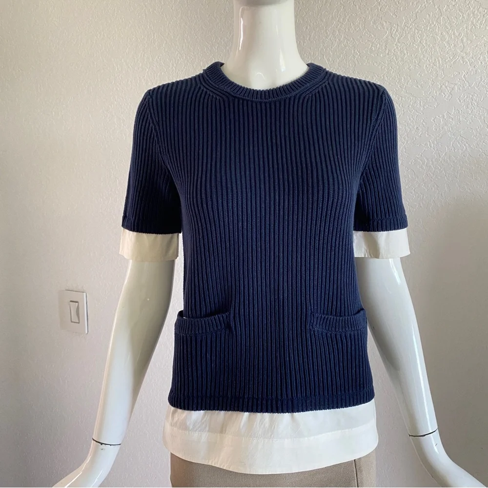 Tory Burch Navy Blue Ribbed Shirt layered Sweater
